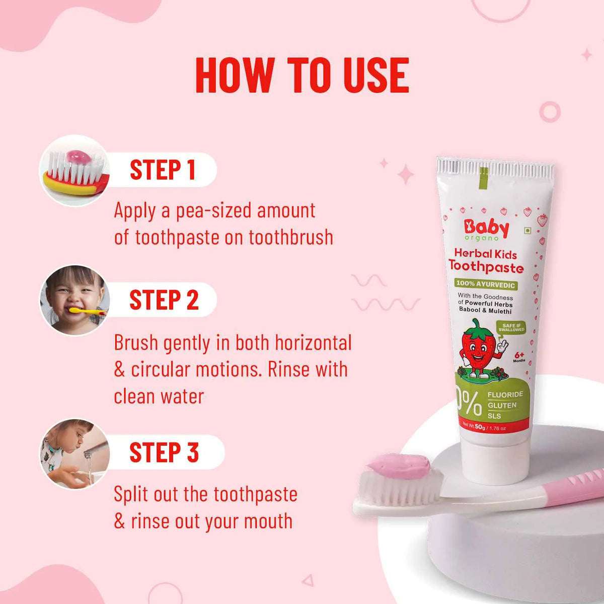 How to use strawberry herbal kids toothpaste – apply, brush gently, rinse thoroughly for daily dental care
