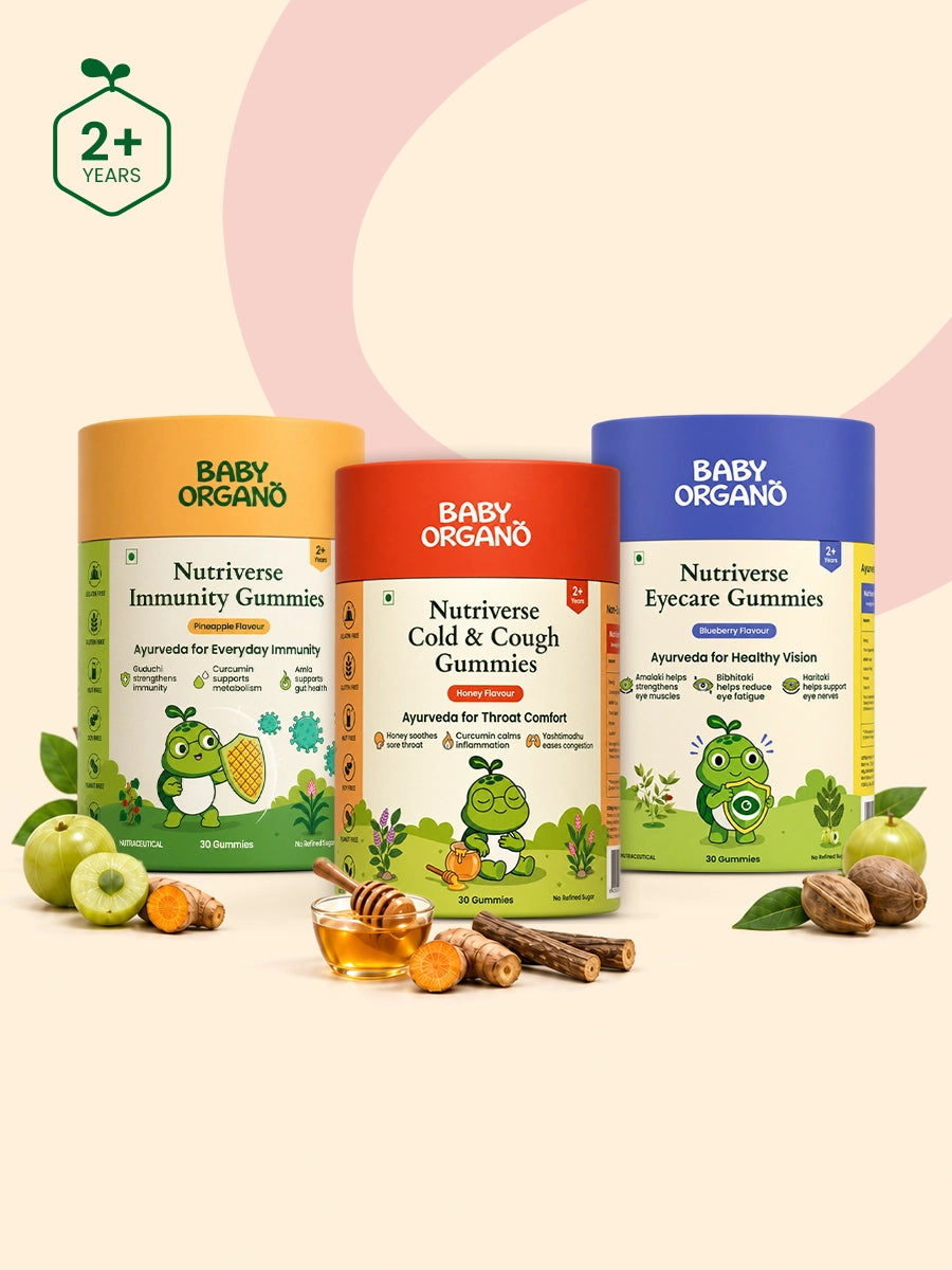 Three BabyOrgano Nutriverse gummy jars for Immunity, Cold & Cough, and Eyecare displayed with honey, turmeric, and herbal ingredients.