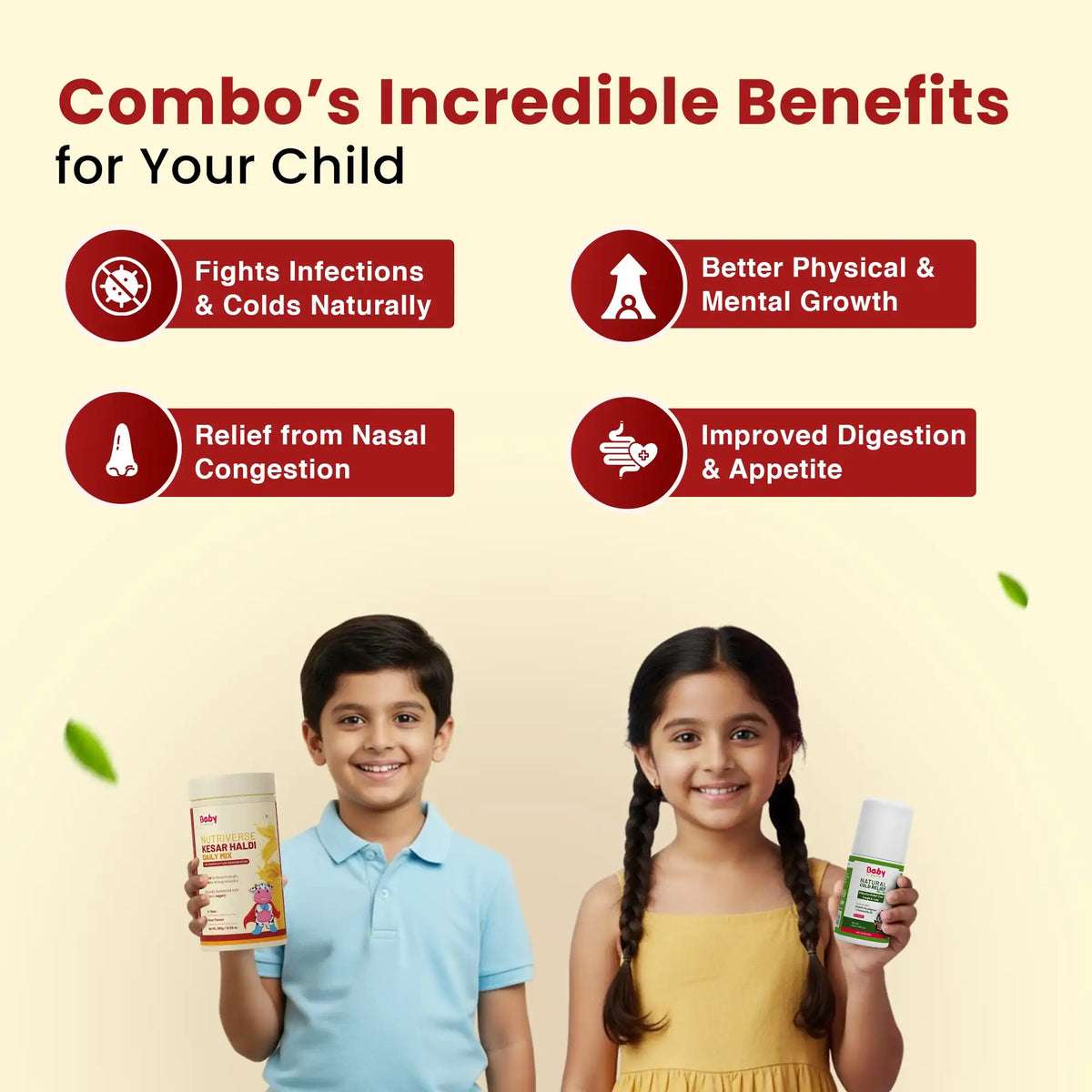 Immunity, Growth & Cold Relief Combo for Kids| Nutriverse Kesar Haldi Milk Mix + Natural Cold Relief Roll-On