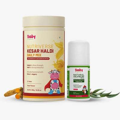 Immunity, Growth & Cold Relief Combo for Kids| Nutriverse Kesar Haldi Milk Mix + Natural Cold Relief Roll-On