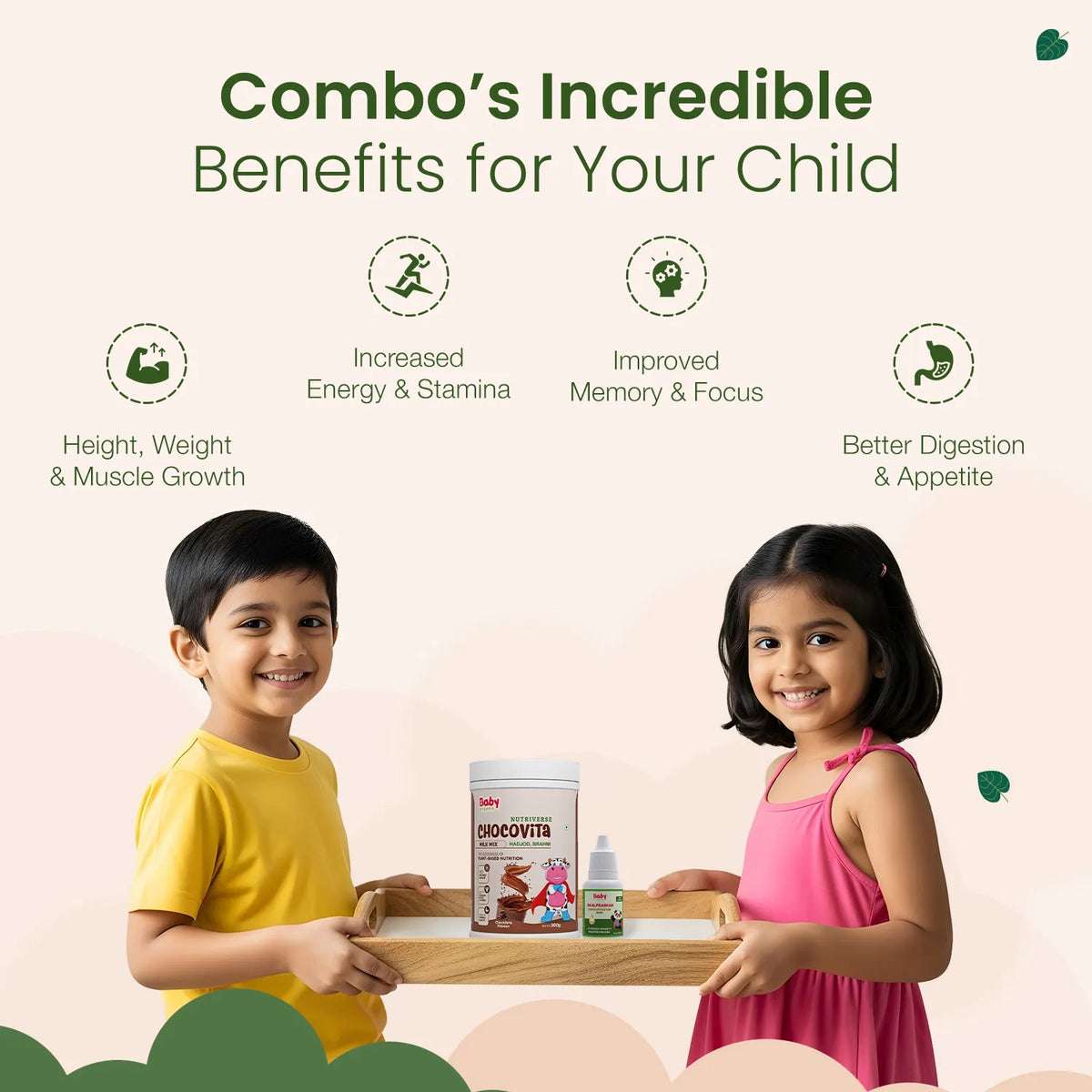 An image listing the incredible benefits of the Immunity & Wellness Boost Combo for a child, including increased energy & stamina, improved memory & focus, better digestion & appetite, and height, weight & muscle growth. It shows two smiling children holding the products