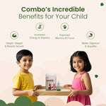 An image listing the incredible benefits of the Immunity & Wellness Boost Combo for a child, including increased energy & stamina, improved memory & focus, better digestion & appetite, and height, weight & muscle growth. It shows two smiling children holding the products