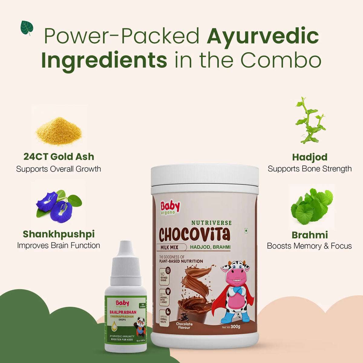 An image highlighting the power-packed Ayurvedic ingredients in the combo. It shows 24CT Gold Ash for overall growth, Hadjod for bone strength, Shankhpushpi for brain function, and Brahmi for memory & focus, along with the two products