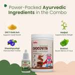 An image highlighting the power-packed Ayurvedic ingredients in the combo. It shows 24CT Gold Ash for overall growth, Hadjod for bone strength, Shankhpushpi for brain function, and Brahmi for memory & focus, along with the two products