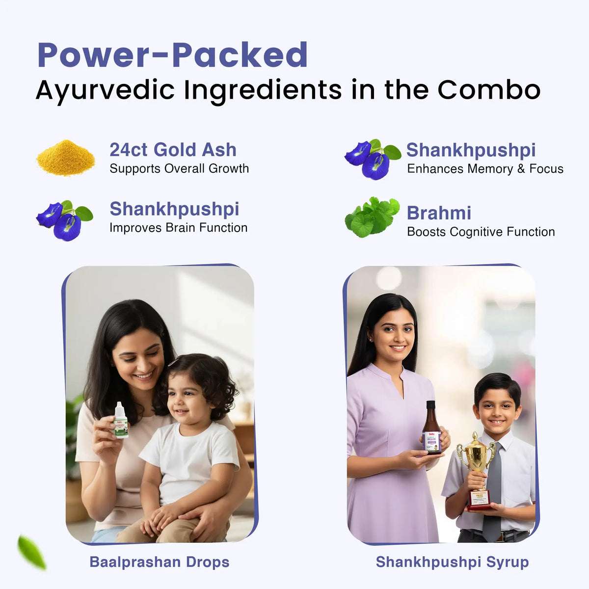 Brain Booster Combo for Kids | Swarnaprashan Drops (15ml) + Ayurvedic Shankhpushpi Syrup (200ml)