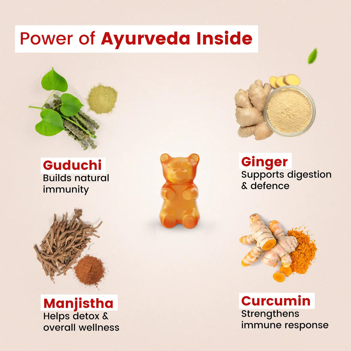 Ingredients of immunity gummies – turmeric, manjishtha, bibhitaki, haritaki filled with natural Ayurvedic goodness| #flavour_strawberry