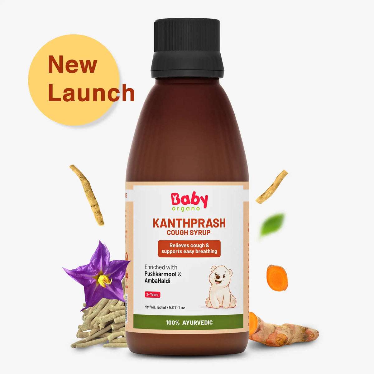 BabyOrgano Kanthprash Ayurvedic cough syrup bottle enriched with Pushkarmool and Ambahaldi for kids.