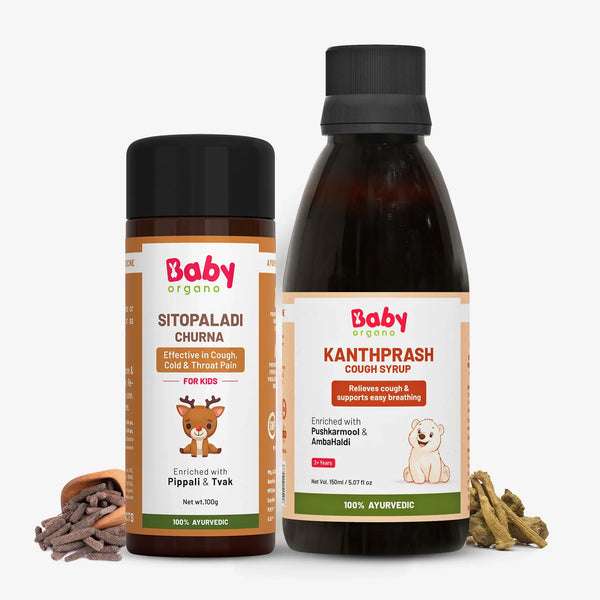 Kanthprash Cough Syrup and Sitopaladi Churna combo for kids – Ayurvedic relief for cough, cold, and throat pain