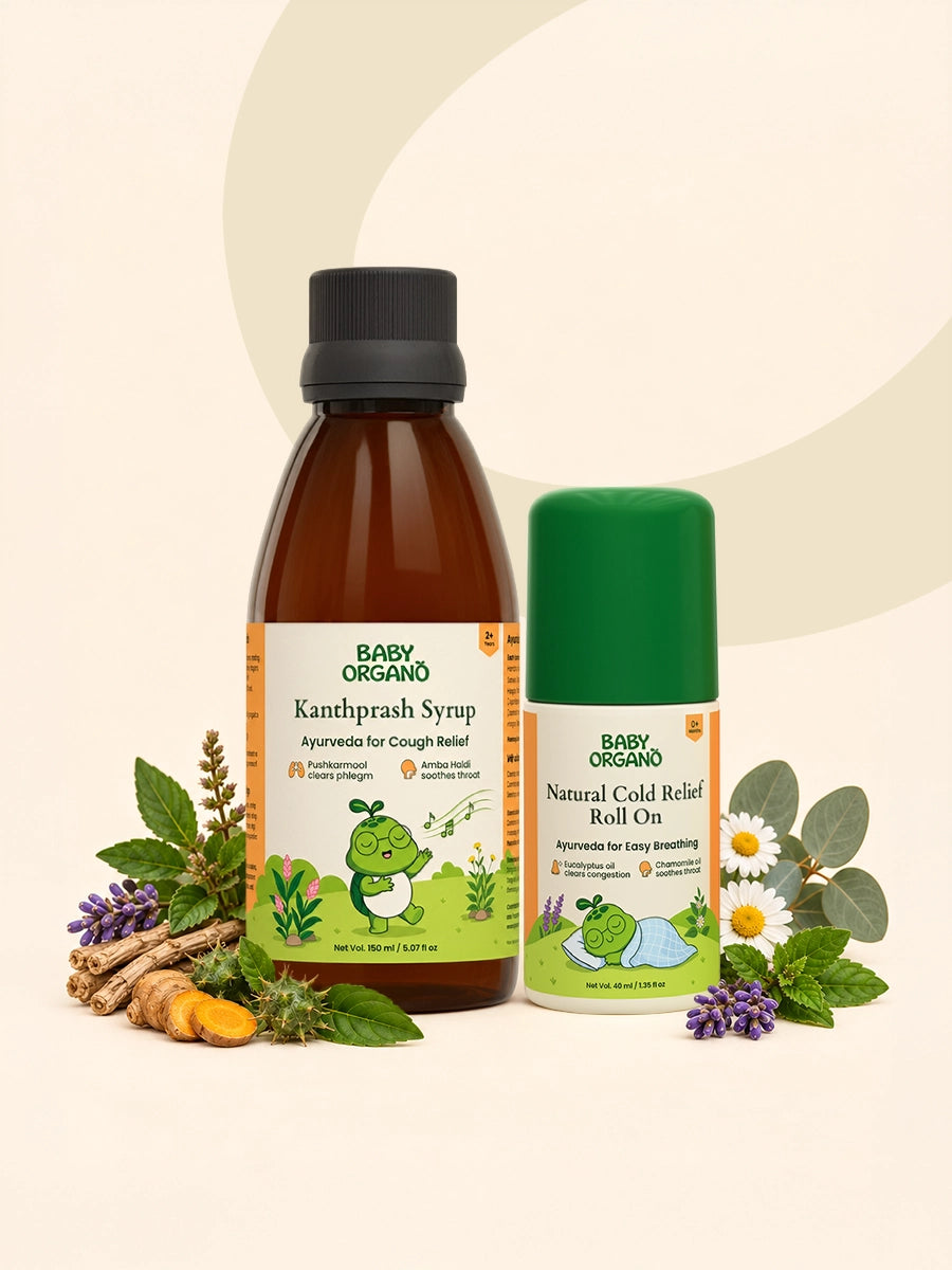 BabyOrgano Kanthprash Syrup bottle next to Natural Cold Relief Roll-On with chamomile and eucalyptus ingredients.