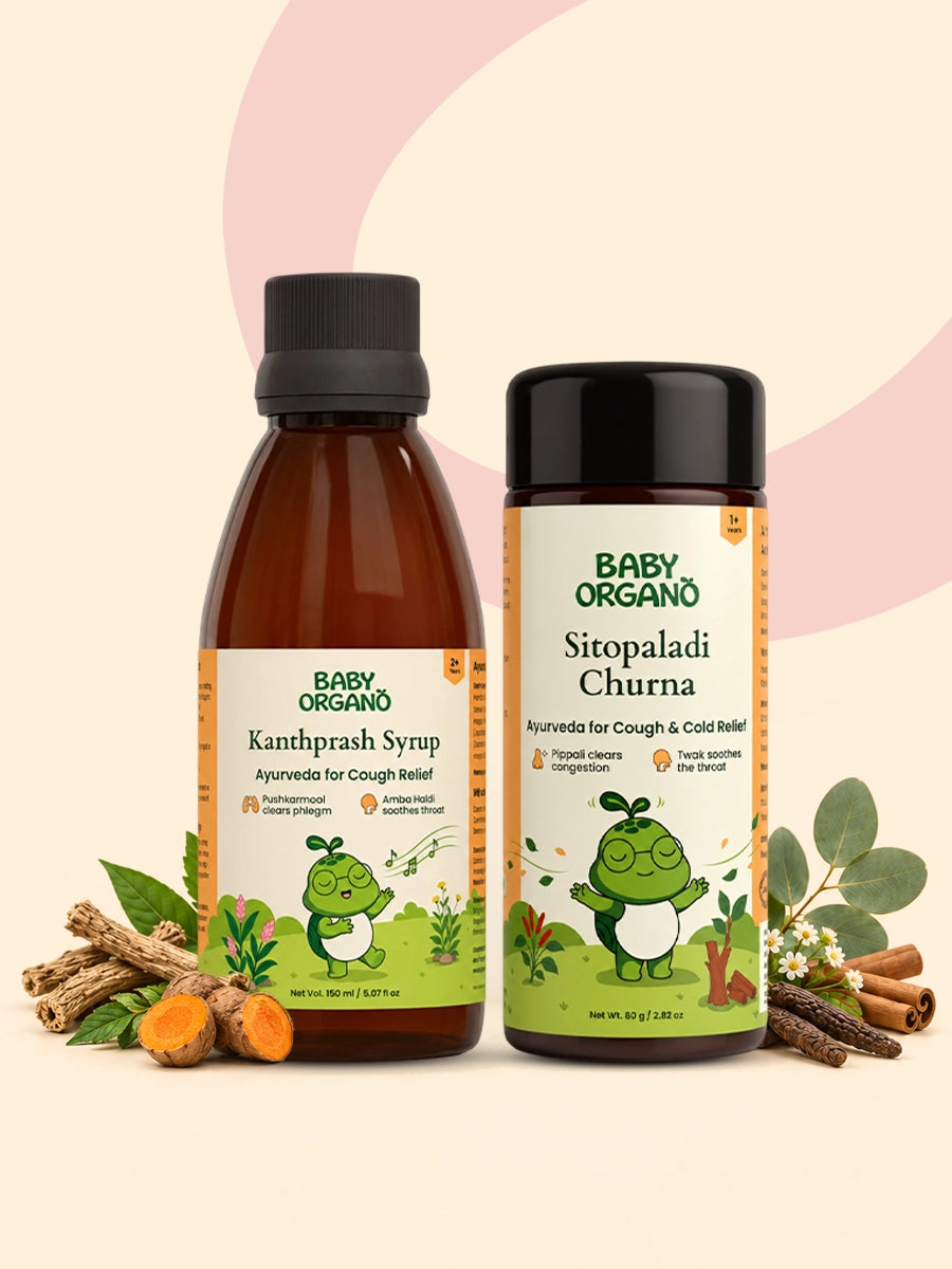 Bottles of BabyOrgano Kanthprash Syrup and Sitopaladi Churna displayed with natural Ayurvedic ingredients like turmeric, cinnamon, and pippali roots.