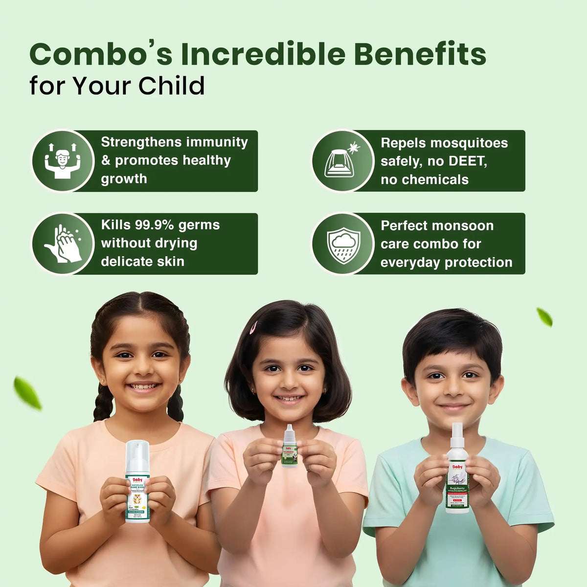 Complete Monsoon Care Combo for Kids | Suvarnaprashan Drops + Waterless Hand Wash + Mosquito Repellent Spray