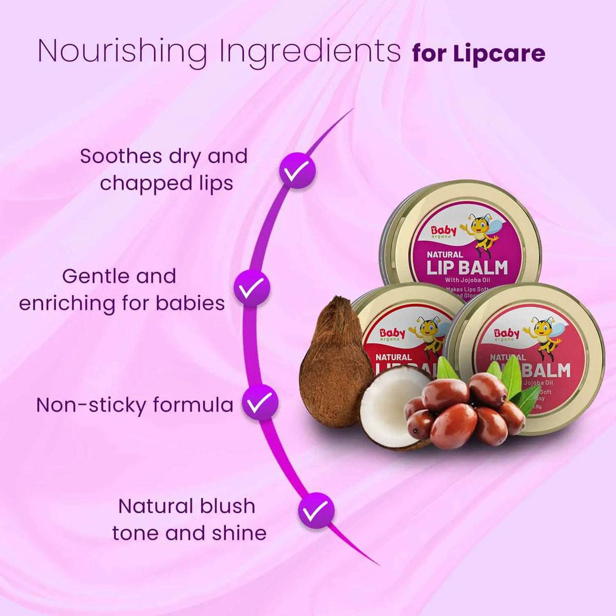 Gentle Ayurvedic lip balm for babies with soothing, non-sticky formula; adds natural blush tone and moisturizes chapped lips