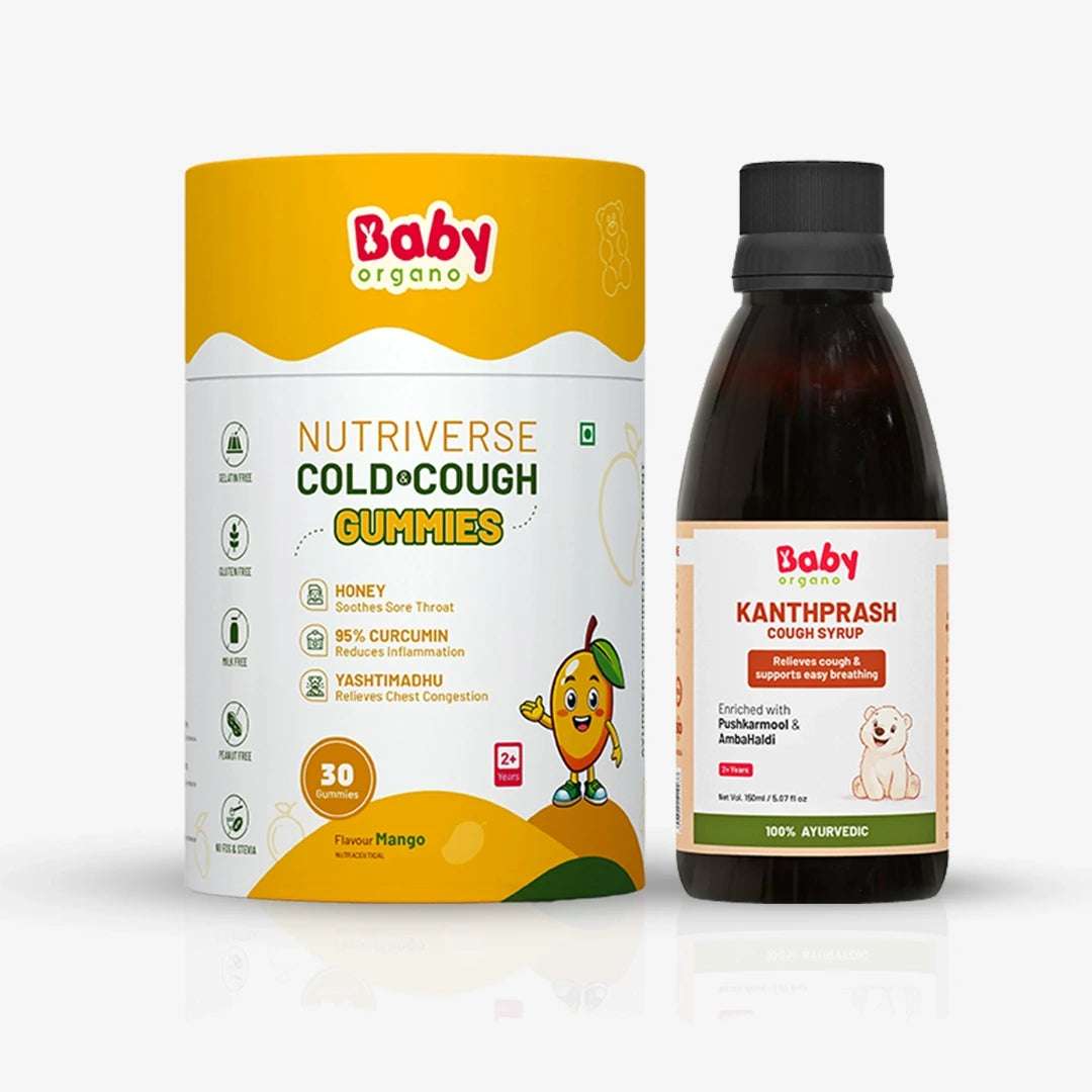 BabyOrgano Mango Flavour Cold & Cough Gummies paired with Kanthprash Cough Syrup — gentle Ayurvedic support that helps relieve congestion and cough.