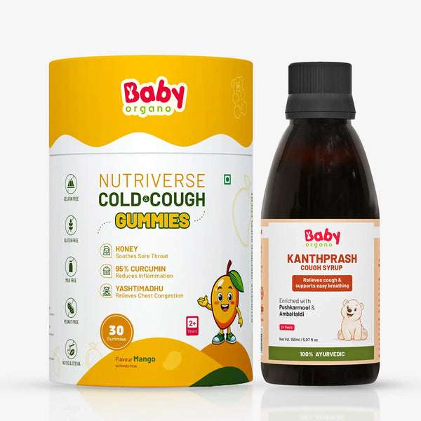 BabyOrgano Mango Flavour Cold & Cough Gummies paired with Kanthprash Cough Syrup — gentle Ayurvedic support that helps relieve congestion and cough. | #flavour_mangokanthprashcoughsyrup