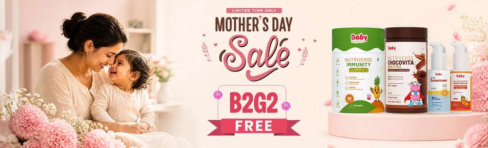 
                Mother and child celebrating Mother's Day Sale with Baby Organo products for babies and kids, featuring Buy 2 Get 2 FREE on immunity gummies and skincare.
             