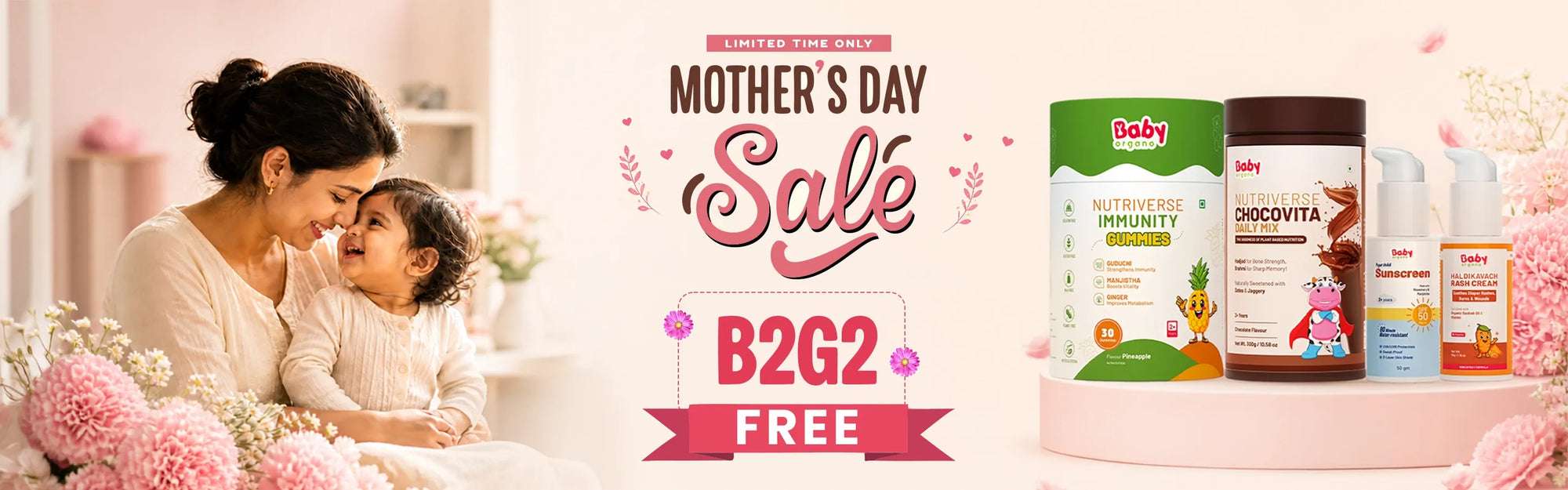 Mother and child celebrating Mother's Day Sale with Baby Organo products for babies and kids, featuring Buy 2 Get 2 FREE on immunity gummies and skincare.