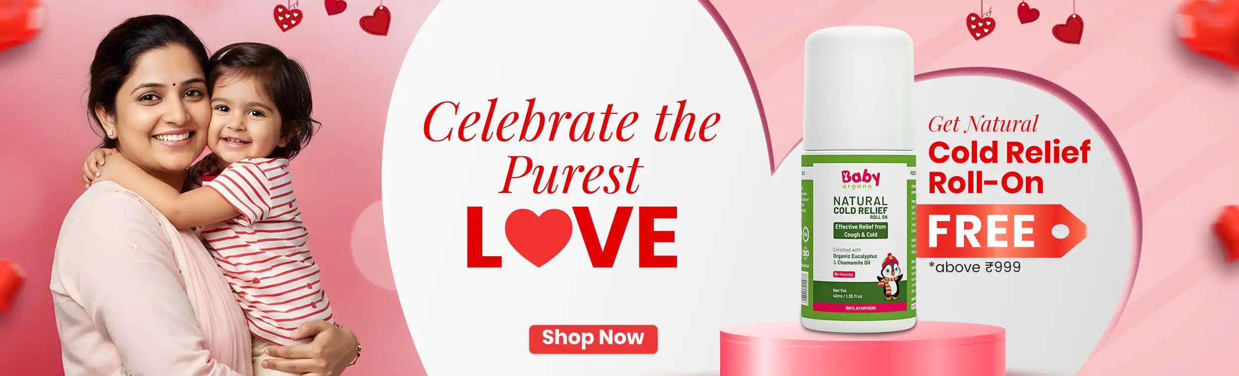 BabyOrgano natural baby care Valentine's special offer banner featuring a free Ayurvedic Cold Relief Roll-On for orders above ₹999.