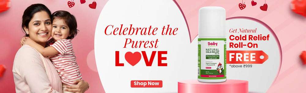 
                BabyOrgano natural baby care Valentine's special offer banner featuring a free Ayurvedic Cold Relief Roll-On for orders above ₹999.
             