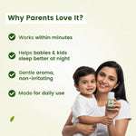 Mother holding BabyOrgano Natural Cold Relief Roll On, highlighting key benefits: works within minutes, helps babies sleep better, and features a gentle, non-irritating aroma.