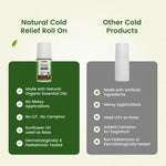Comparison chart showing Natural Cold Relief Roll On contains natural organic essential oils and sunflower oil base, with no camphor or LLP, and is pediatrician tested.