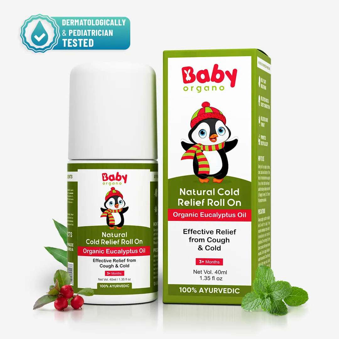 Natural Cold Relief Roll On for babies with organic eucalyptus oil, offers effective Ayurvedic cough and cold relief from 3+ months