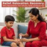 Mother applying BabyOrgano roll-on for natural relief from growing pains in children.