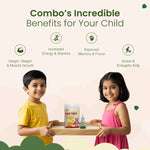 An image listing the incredible benefits of the Natural Immunity Booster Combo for a child, including height, weight & muscle growth, increased energy & stamina, improved memory & focus, and active & energetic kids. It shows two happy children holding the products.