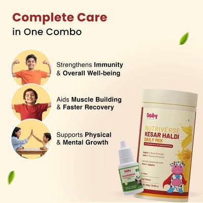 An image explaining how the Natural Immunity Booster Combo provides complete care. It lists benefits such as strengthening immunity & overall well-being, aiding muscle building & faster recovery, and supporting physical & mental growth.