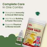 An image explaining how the Natural Immunity Booster Combo provides complete care. It lists benefits such as strengthening immunity & overall well-being, aiding muscle building & faster recovery, and supporting physical & mental growth.