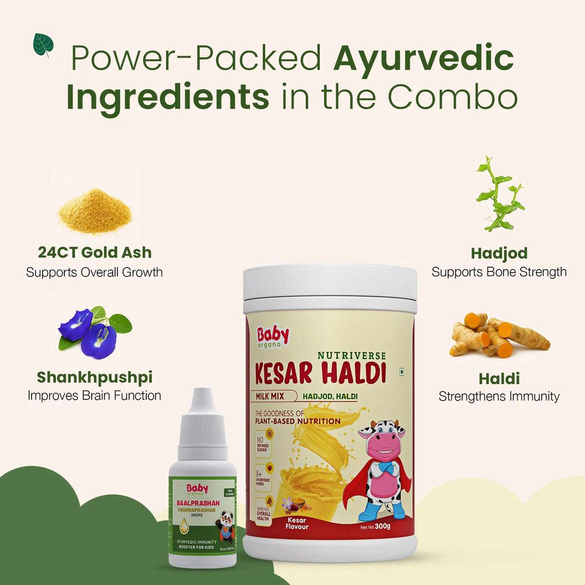 An image highlighting the power-packed Ayurvedic ingredients in the combo. It shows 24CT Gold Ash for overall growth, Hadjod for bone strength, Shankhpushpi for brain function, and Haldi (Turmeric) for strengthening immunity, along with the two products.