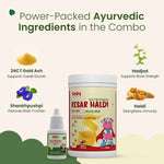 An image highlighting the power-packed Ayurvedic ingredients in the combo. It shows 24CT Gold Ash for overall growth, Hadjod for bone strength, Shankhpushpi for brain function, and Haldi (Turmeric) for strengthening immunity, along with the two products.