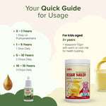 A quick guide for using the Natural Immunity Booster Combo. It provides dosage instructions for the Baalprashan drops based on age (0-1 years, 1-5 years, 5-10 years, 10-15 years) and instructions for the Nutriverse Kesar Haldi Milk Mix for kids aged 2+ years.