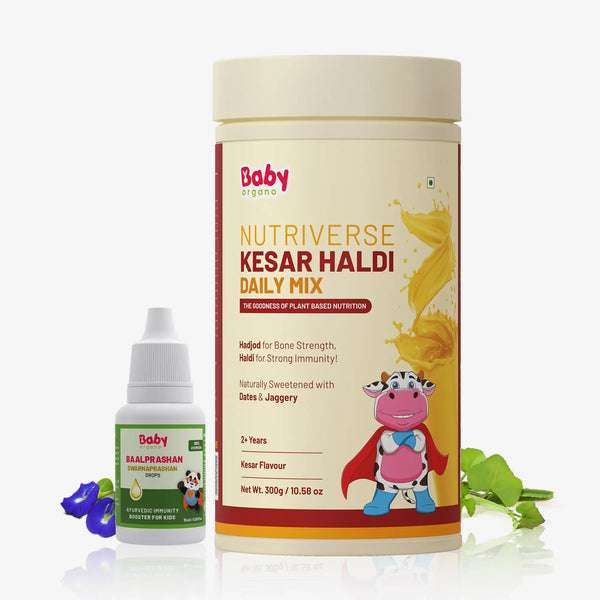 A product shot showing the Natural Immunity Booster Combo for kids, featuring Baby Organo Baalprashan Swarnaprashan Drops and Nutriverse Kesar Haldi Milk Mix.