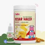 A product shot showing the Natural Immunity Booster Combo for kids, featuring Baby Organo Baalprashan Swarnaprashan Drops and Nutriverse Kesar Haldi Milk Mix.