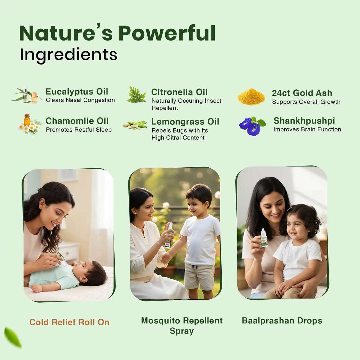 Kid's Overall Protection Combo for Kids| Swarnaprashan Drops + Mosquito Repellent Spray + Natural Cold Relief Roll-On
