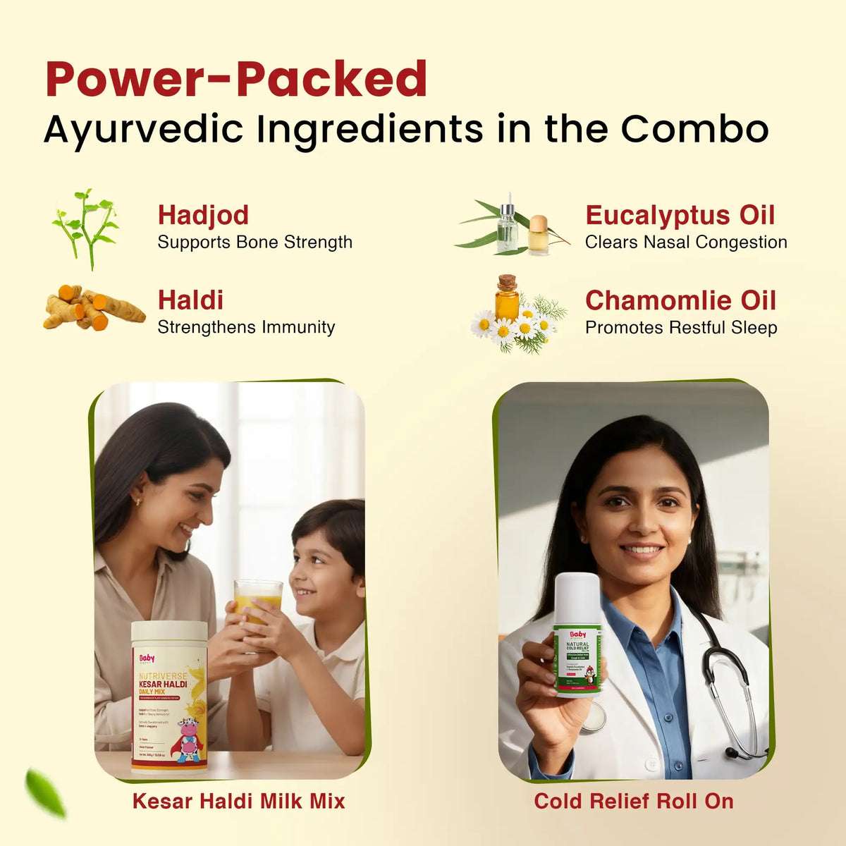 Immunity, Growth & Cold Relief Combo for Kids| Nutriverse Kesar Haldi Milk Mix + Natural Cold Relief Roll-On