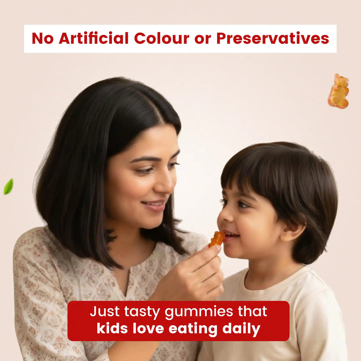 Mother giving a pineapple-flavored Nutriverse Immunity Gummy to her happy child, emphasizing the formula has no artificial colours or preservatives| #flavour_strawberry