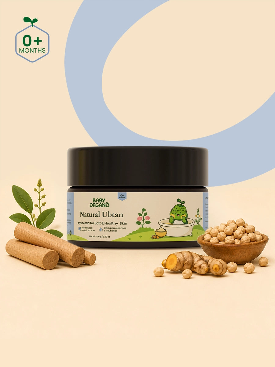 Jar of BabyOrgano Natural Ubtan styled with sandalwood, turmeric and chickpeas