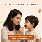 Mother feeding child a tasty gummy - No artificial colours or flavours formulation that kids enjoy | #flavour_honey