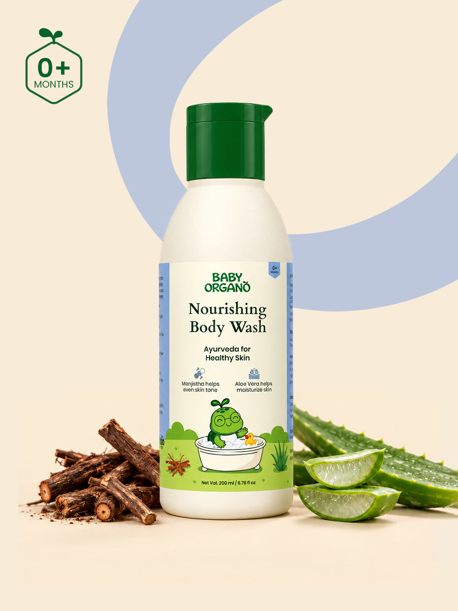 BabyOrgano Nourishing Body Wash bottle surrounded by natural aloe vera and herbal manjistha roots.