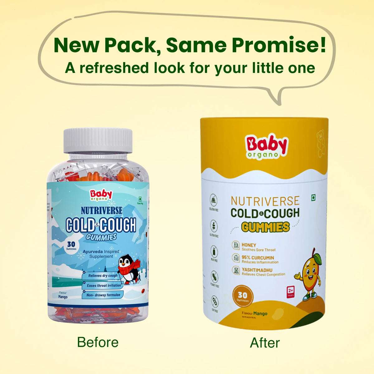 BabyOrgano Nutriverse Cold and Cough Gummies for kids in mango flavour – new pack design with same Ayurvedic promise.