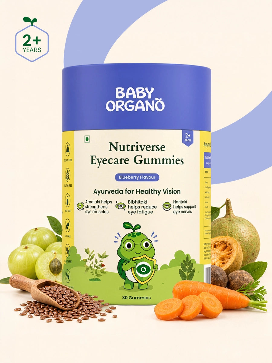 BabyOrgano Nutriverse Eyecare Gummies container surrounded by carrots, amla, and flaxseed.