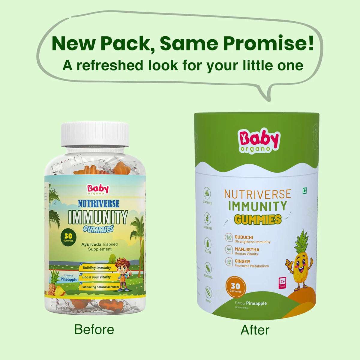 BabyOrgano Nutriverse Immunity Gummies for kids in pineapple flavour – new pack design with same Ayurvedic promise.
