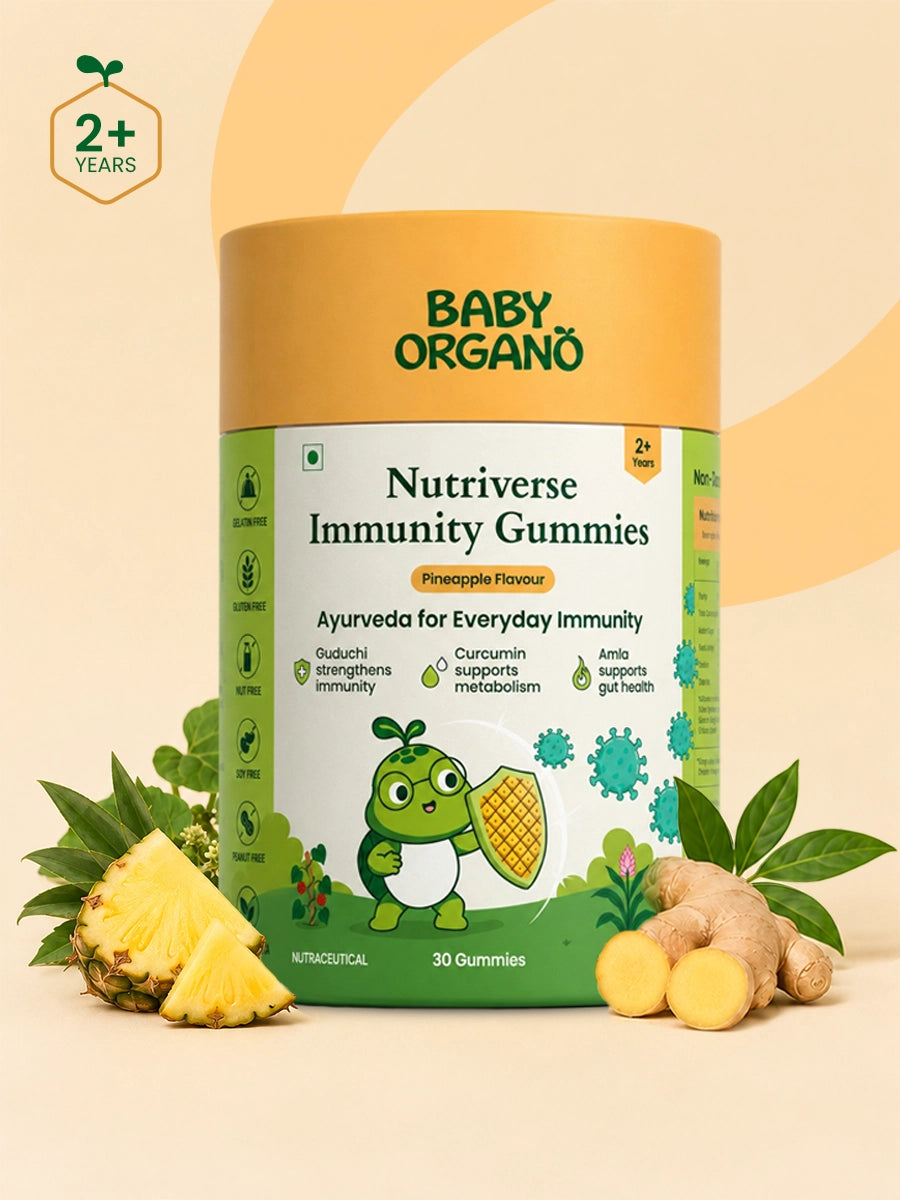 BabyOrgano Nutriverse Immunity Gummies jar with pineapple flavor, featuring a cartoon turtle with a shield, surrounded by pineapple slices, ginger, and allergen-free icons | Pineapple