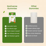 Comparison chart showing Nutriverse Immunity Gummies are made with Ayurvedic herbs, pectin (plant-based), and no refined sugar, unlike other gelatin-based gummies | #flavour_pineapple