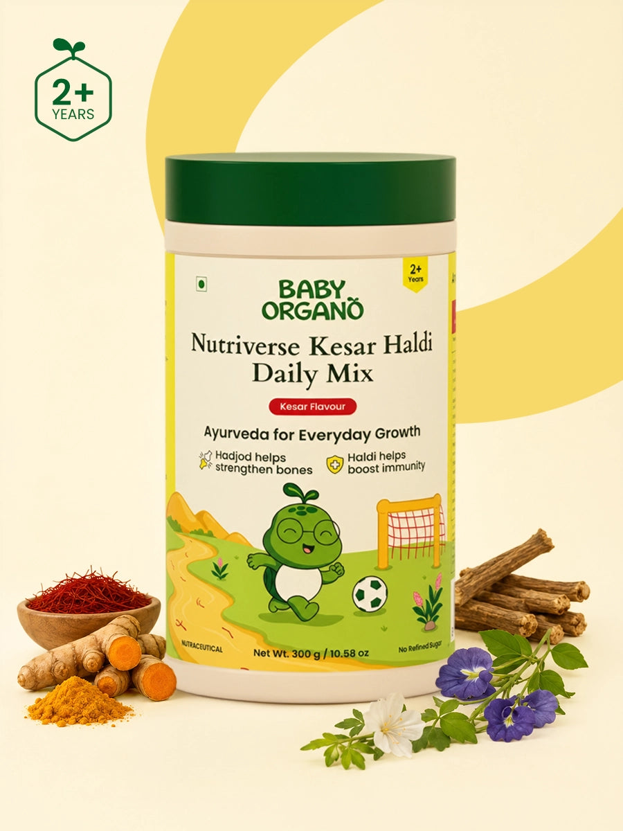 Nutriverse Kesar Haldi Daily Mix jar surrounded by saffron, turmeric and shatavari root ingredients