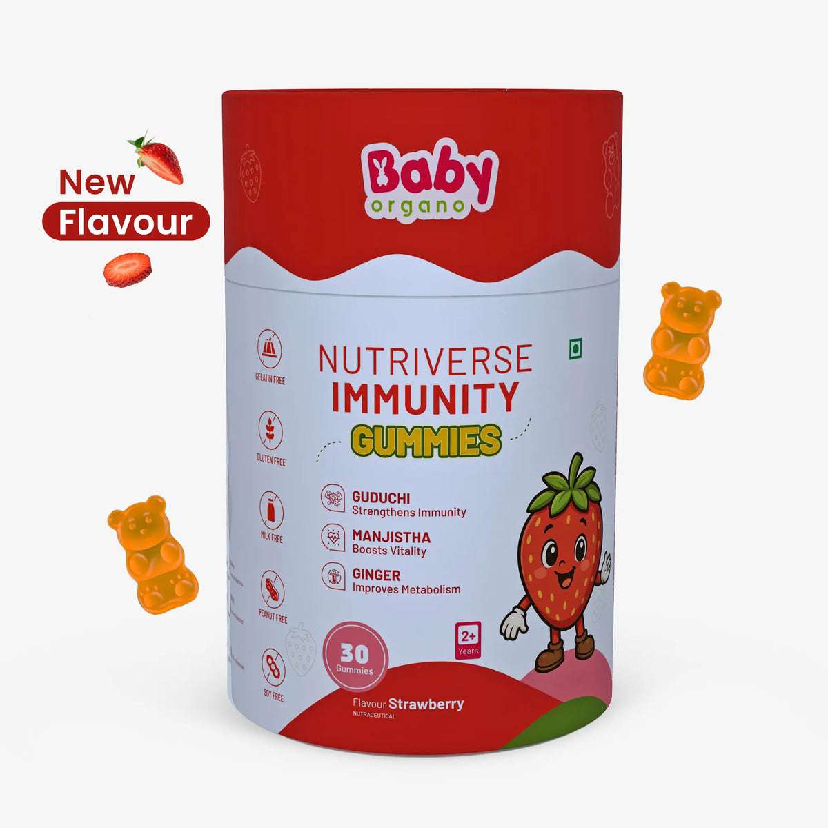 Strawberry flavour gluten-free and gelatin-free immunity gummies for children 2+ years