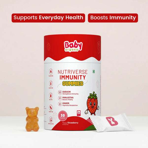 Strawberry flavour gluten-free and gelatin-free immunity gummies for children 2+ years  | #flavour_strawberry