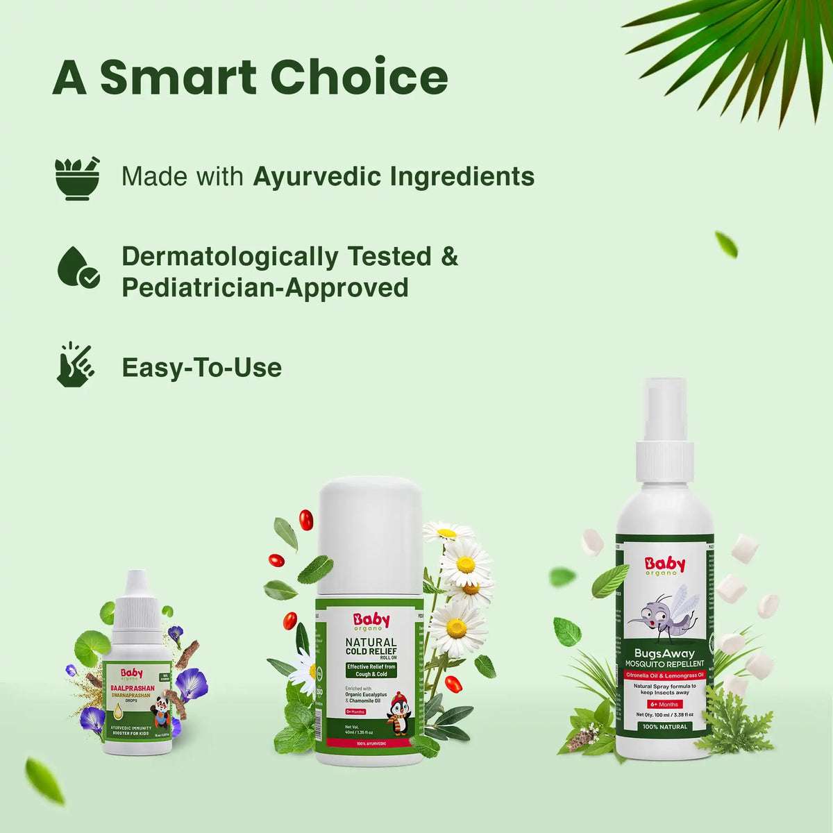 Kid's Overall Protection Combo for Kids| Swarnaprashan Drops + Mosquito Repellent Spray + Natural Cold Relief Roll-On