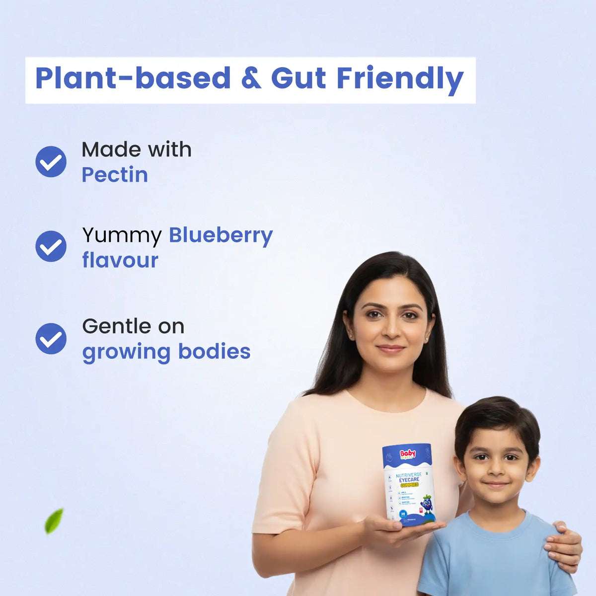 Mother and smiling child holding Nutriverse Eyecare Gummies, featuring plant-based pectin and yummy blueberry flavor gentle on growing bodies